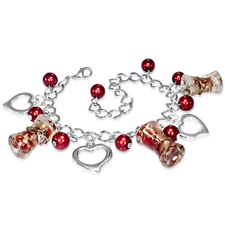 Fashion Alloy Red Pearl Bead Open Love Heart Glass Flower Pillar Charm Link Chain Bracelet