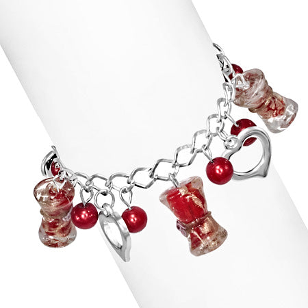 Fashion Alloy Red Pearl Bead Open Love Heart Glass Flower Pillar Charm Link Chain Bracelet