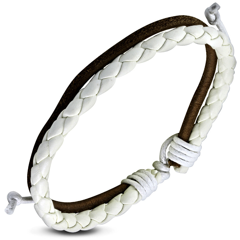 Fashion Double Multi Wrap Rope Braided Adjustable Brown & White Leather Bracelet