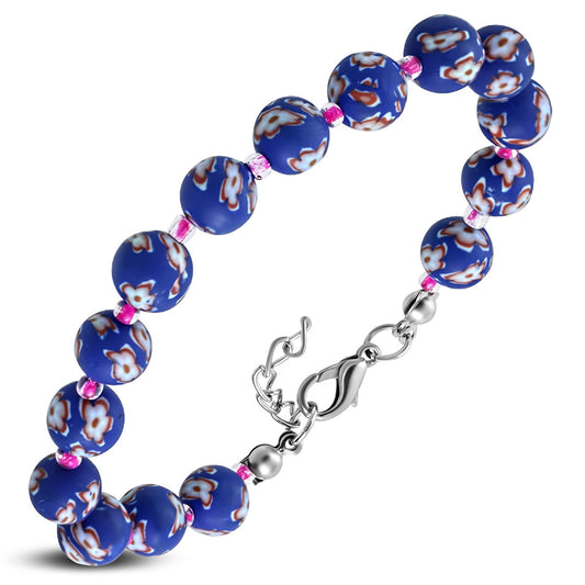Fashion Alloy Fimo/ Polymer Clay Pink Flower Navy Blue Circle Bead Link Bracelet