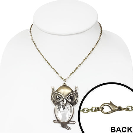 Fashion Alloy Vintage Crystal Owl Charm Lobster Clasp Closure Necklace w/ Faceted Clear CZ