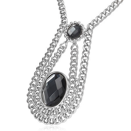 Fashion Alloy Vintage Crystal Circle Oval Charm Extender Chain Necklace w/ Faceted Jet Black CZ