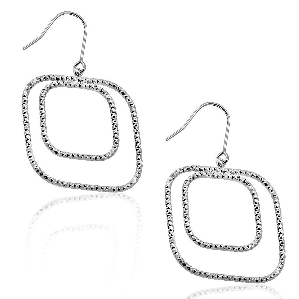 Fashion Copper & Platinum Plated Double Glitter Square Long Drop Hook Earrings (pair)