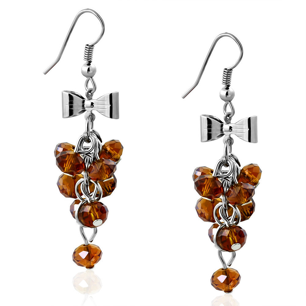 Fashion Alloy Bow Brown Cluster Bead Long Drop Hook Earrings (pair)