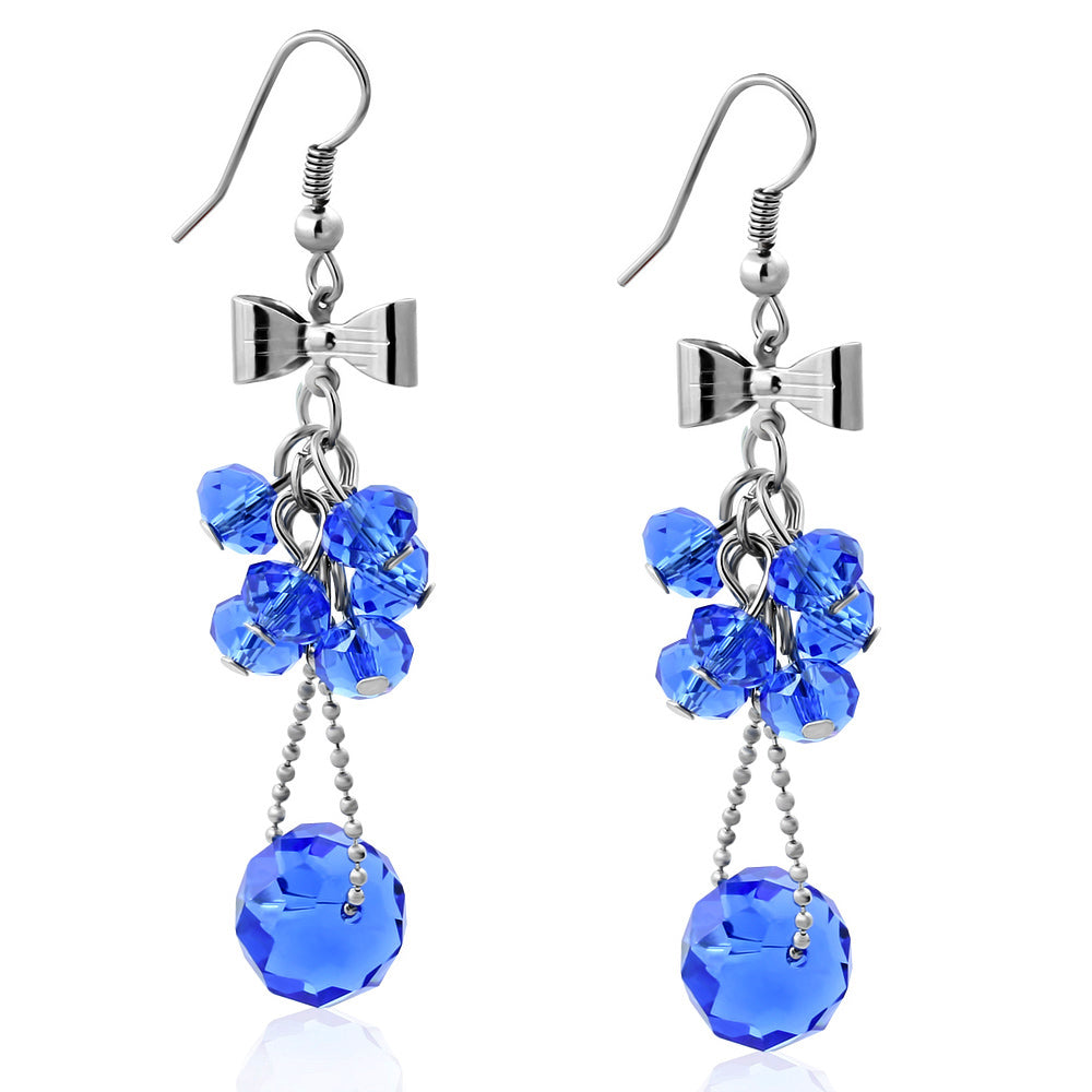 Fashion Alloy Bow Navy Blue Cluster Bead Long Drop Hook Earrings (pair)