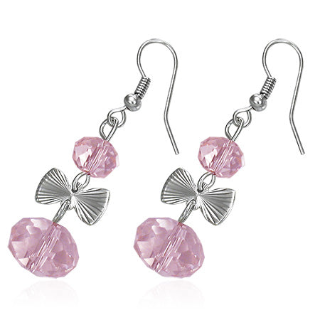 Fashion Alloy Pink Bead Bow Long Drop Hook Earring (pair)