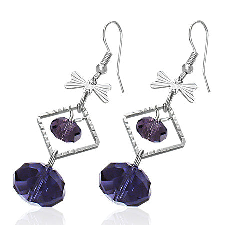 Fashion Alloy Amethyst Bead Bow Square Long Drop Hook Earring (pair)