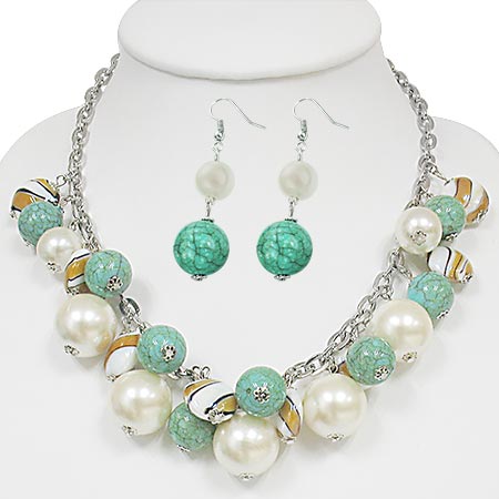 Fashion Alloy Set Crystal-Accented Glass Pearl Bead (Pair of Earrings & Necklace)