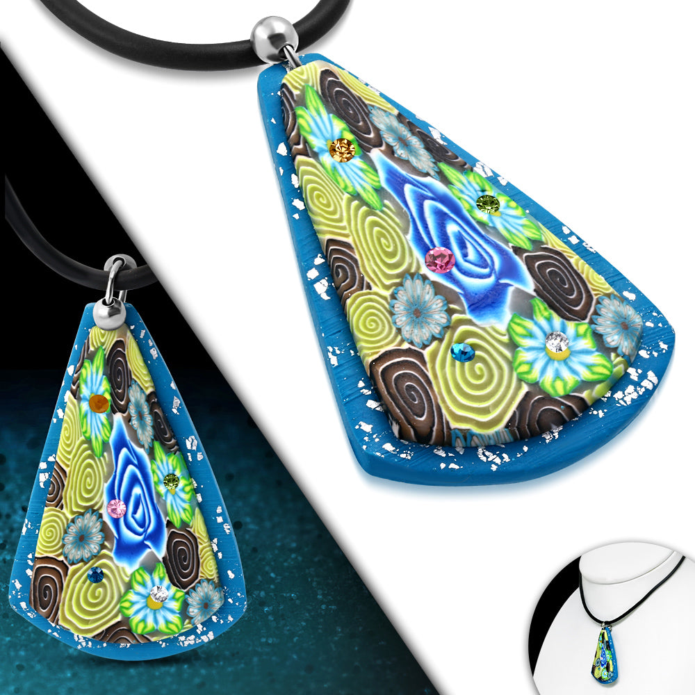 Fashion Fimo/ Polymer Clay Rose Flower Long Triangle Charm Necklace w/ Colorful CZ