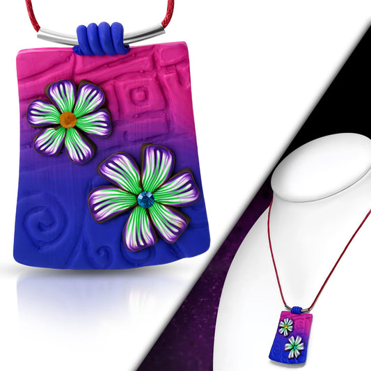Fashion Fimo/ Polymer Clay Flower Tag Charm Necklace w/ Colorful CZ