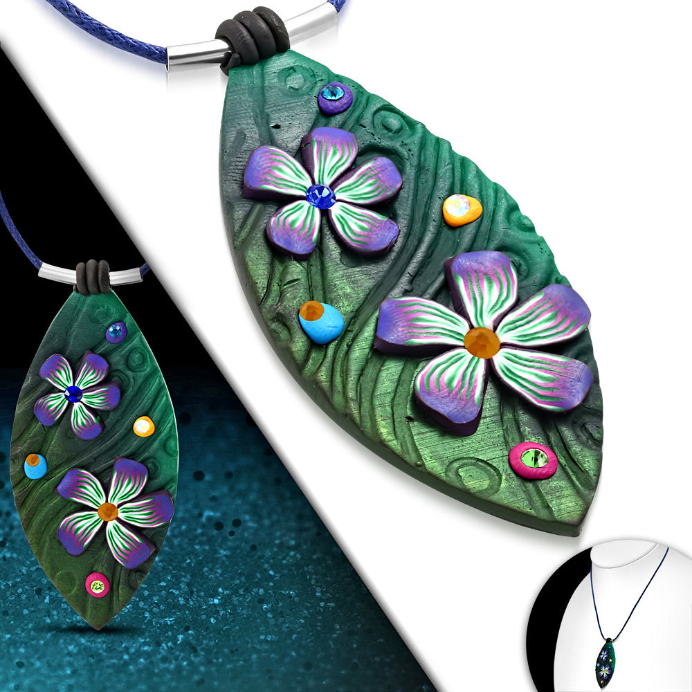 Fashion Fimo/ Polymer Clay Flower Long Oval Charm Necklace w/ Clear & Colorful CZ