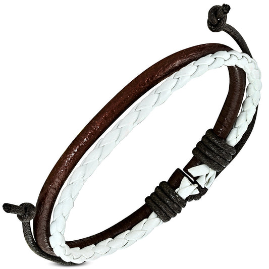 Fashion Double Braided Wrap Rope Adjustable White & Brown Leather Bracelet