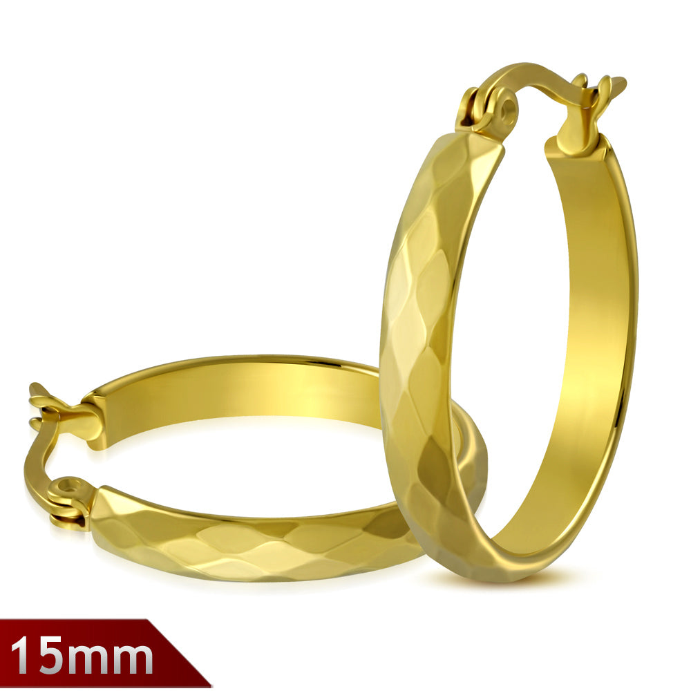 15mm | Gold Color Plated Stainless Steel Faceted Hoop Clip Back Earrings (pair)