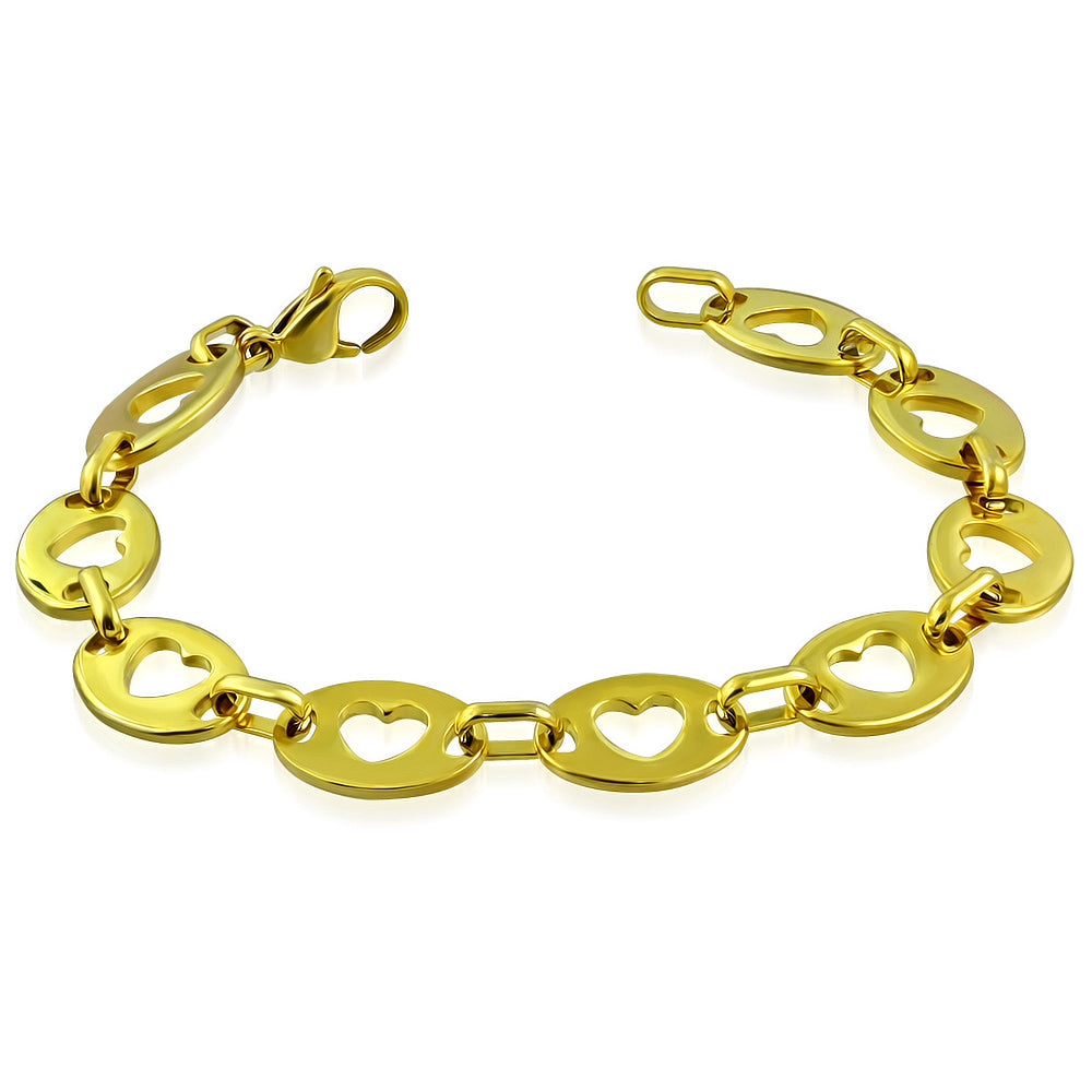 L-21cm W-12mm | Gold Color Plated Stainless Steel Open Love Heart Oval Link Chain Bracelet