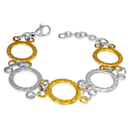 Stainless Steel 2-tone Fancy Greek Key Circle Link Chain Bracelet