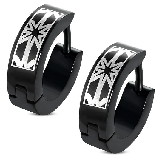 4mm | Black Stainless Steel 2-tone Laser Sun Emblem Hoop Huggie Earrings (pair)