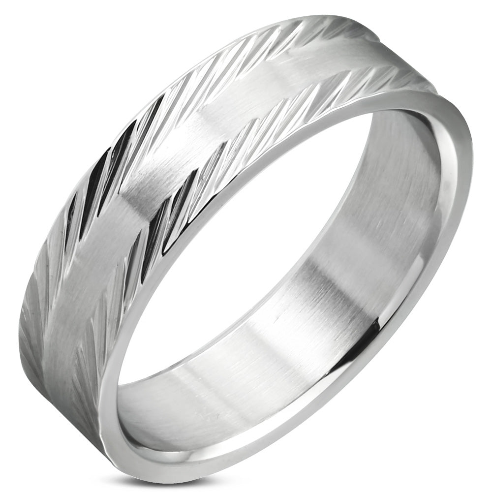 6mm | Stainless Steel Diamond-Cut Edge Wedding Flat Band Ring