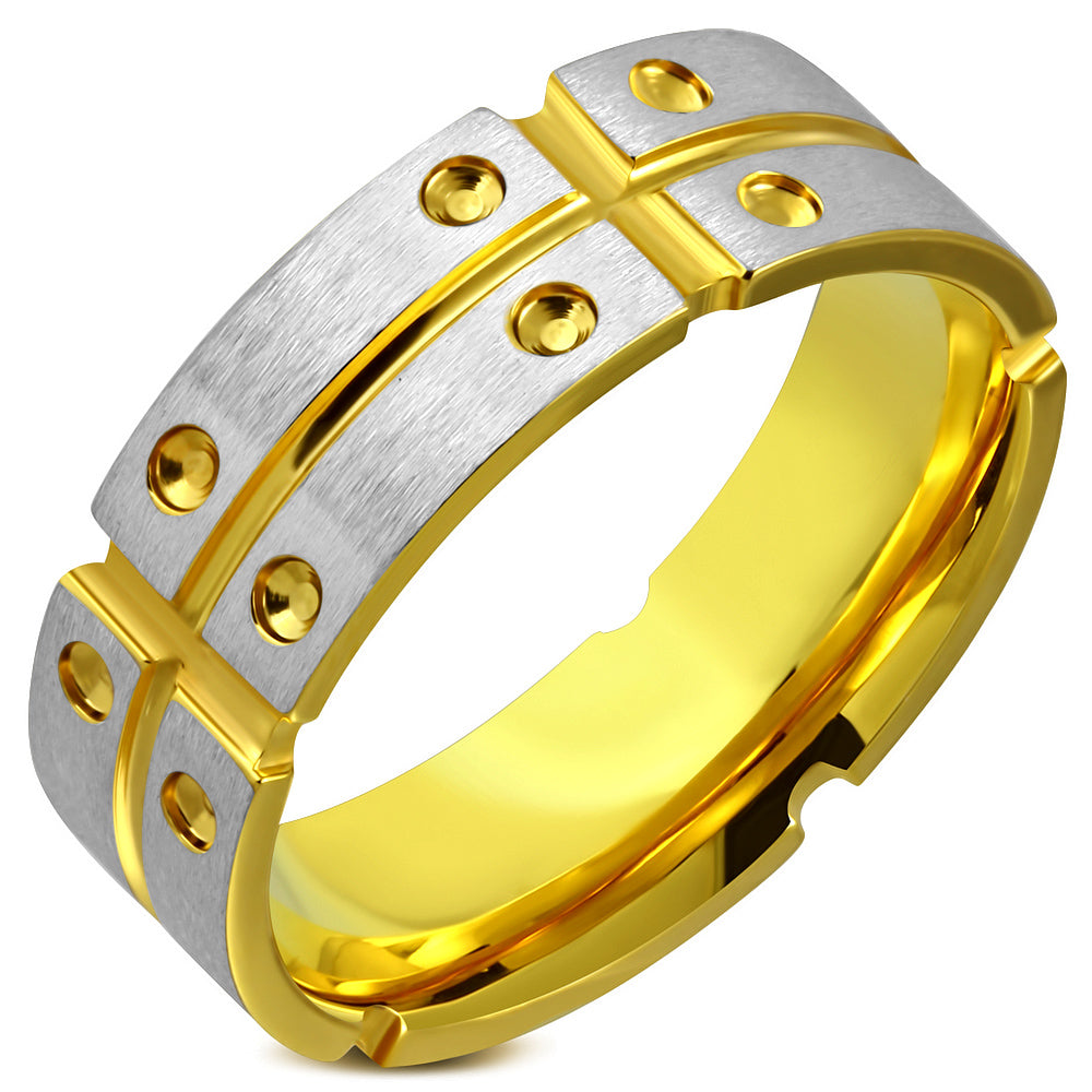 8mm | Gold Color Plated  Stainless Steel Satin Finished 2­-tone Grooved Comfort Fit Band  Ring ­