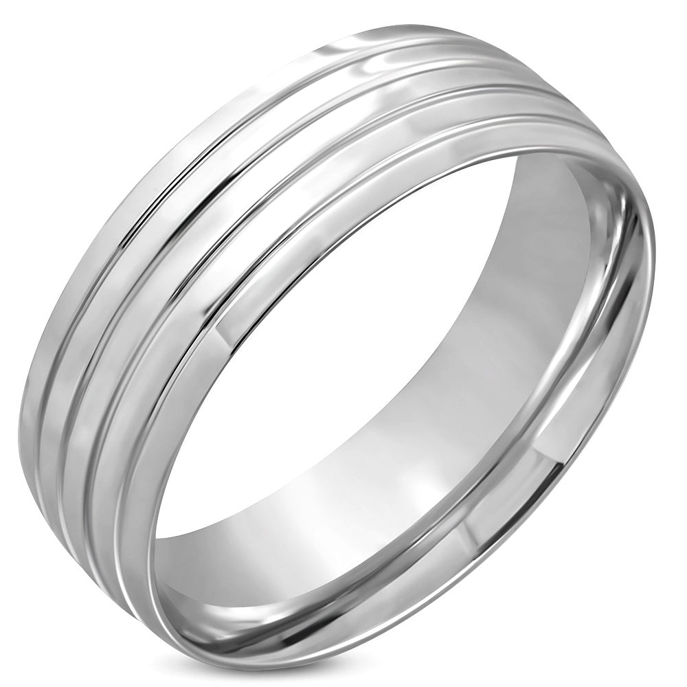 8mm | Stainless Steel Grooved Striped Comfort Fit Half-Round Wedding Band Ring