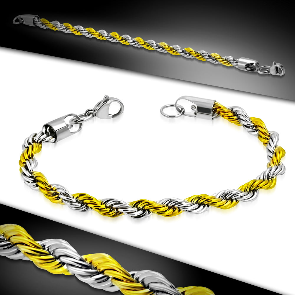 L-21cm W-6mm | Stainless Steel 2-tone Twisted Rope Link Chain Bracelet