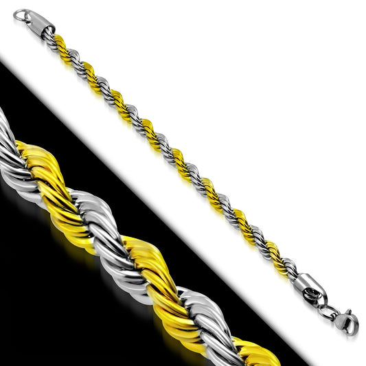 L-21cm W-6mm | Stainless Steel 2-tone Twisted Rope Link Chain Bracelet