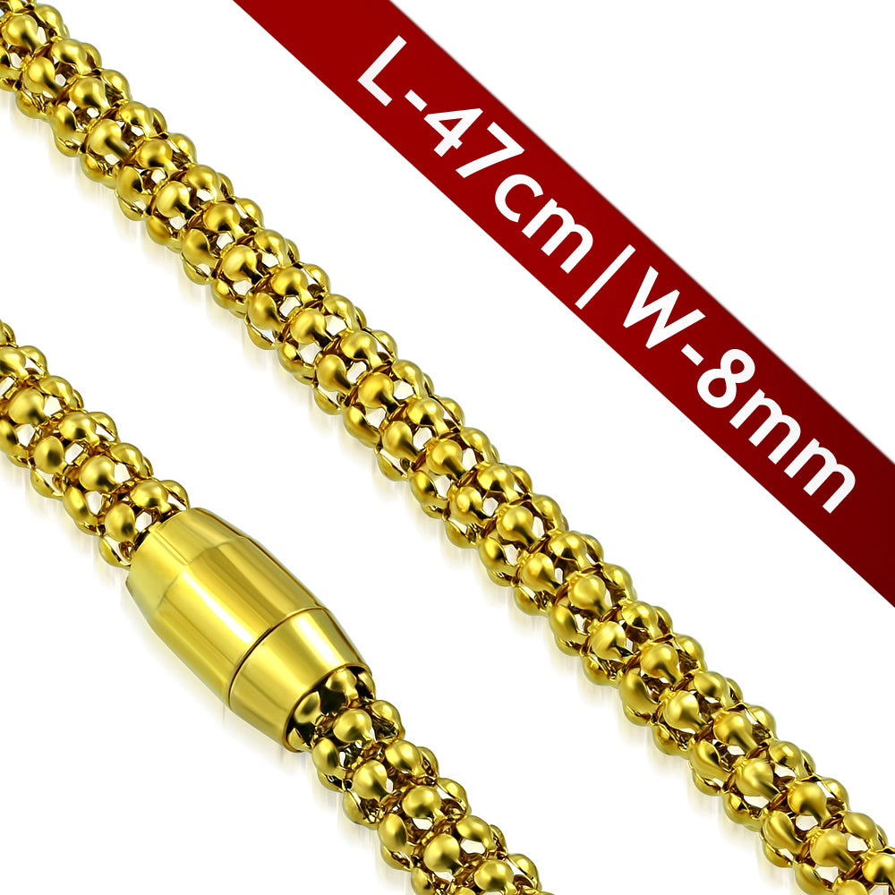 L47cm W8mm | Gold Color Plated Stainless Steel Magnetic Clasp Closure Popcorn Link Chain