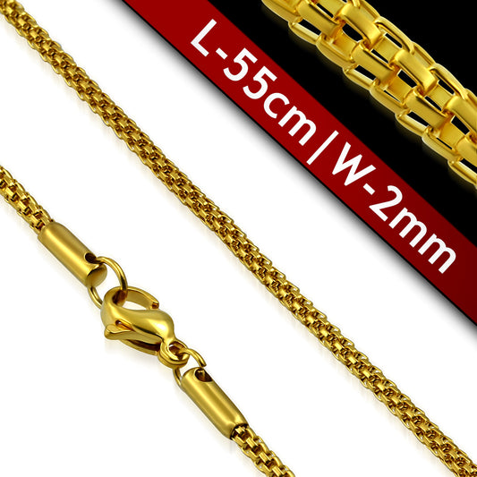 L-55cm W-2mm | Gold Color Plated Stainless Steel Lobster Claw Clasp Round Mesh Link Chain