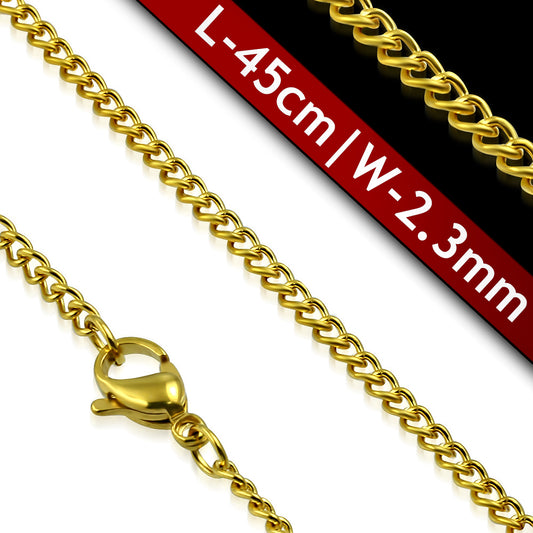 L-45cm W-2.3mm | Gold Color Plated Stainless Steel Lobster Claw Clasp Curb Cuban Link Chain