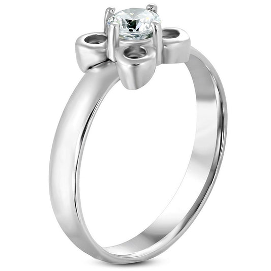Stainless Steel Prong-­Set Flower  Fancy Ring w/ Clear CZ ­