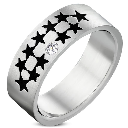 8mm | Stainless Steel Matte Finished 2-tone Pentagram Star Wedding Flat Band Ring w/ Clear CZ