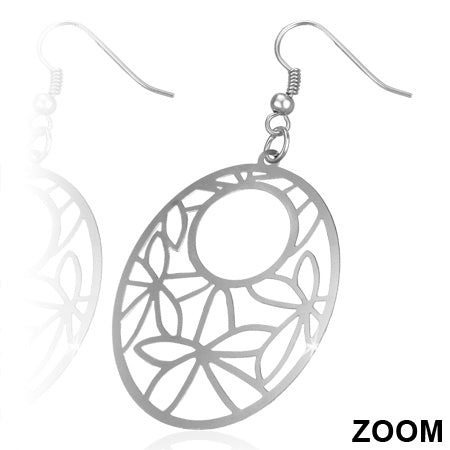 Stainless Steel Cut-out Flower Oval Long Drop Hook Earrings (pair)