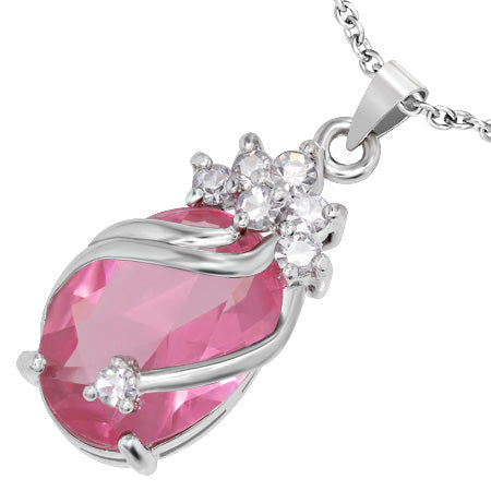 Fashion Alloy Crystal Flower Vine Oval Charm Pendant w/ Clear & Pink CZ