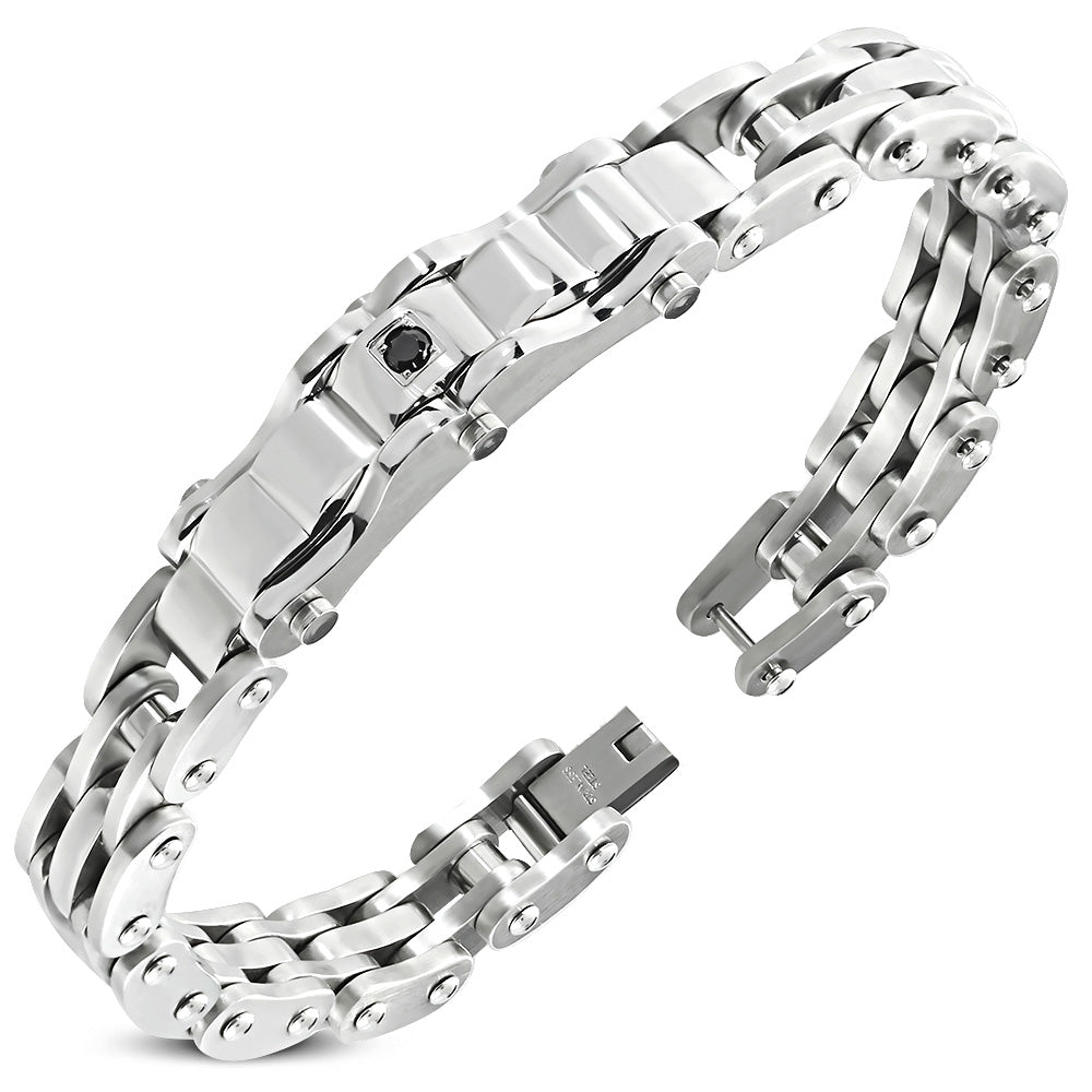 Stainless Steel Geometric Watch-Style Bracelet w/ Jet Black CZ