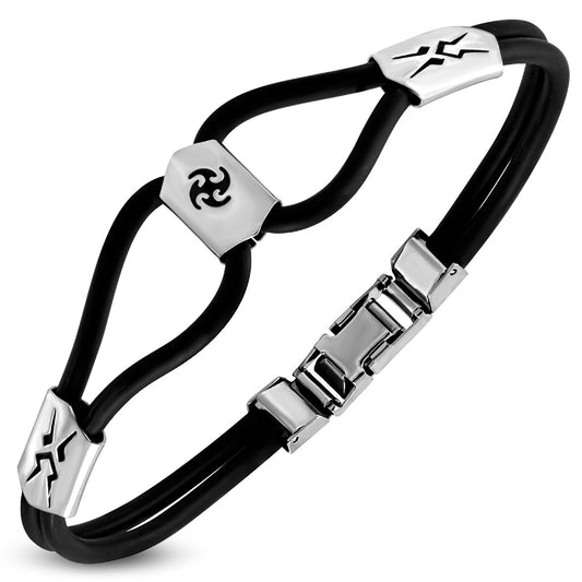 Black Rubber Bracelet w/ Stainless Steel Ninja Throwing Star / Shuriken Arrow Watch-Style