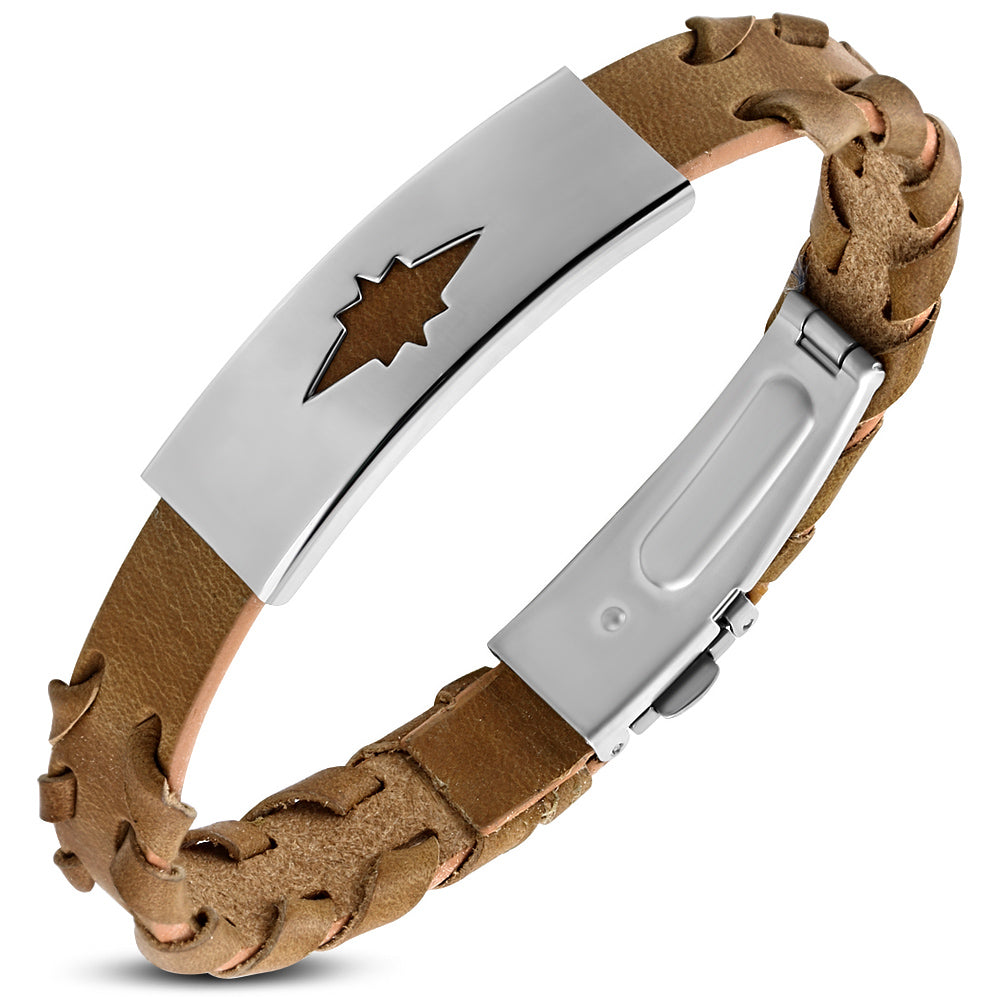 Brown PVC Leather Bracelet w/ Stainless Steel Cut-out Shining Star Watch-Style
