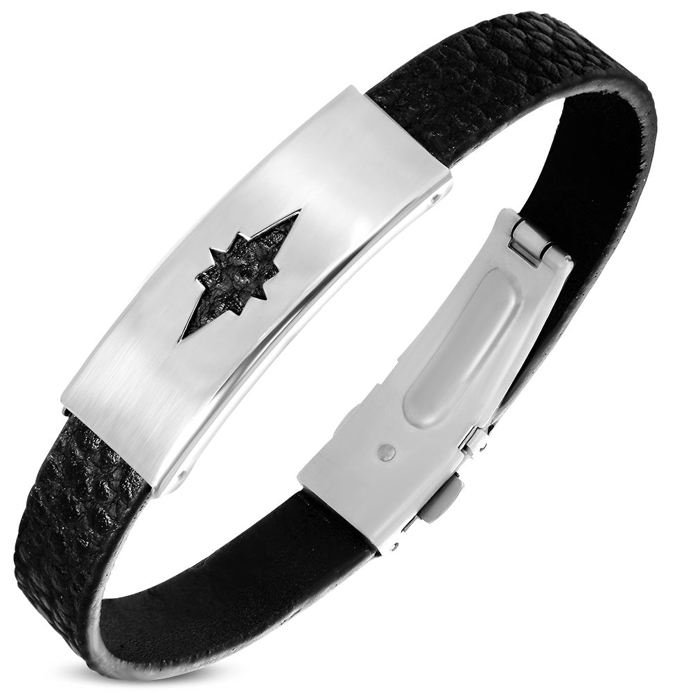 Black PVC Leather Bracelet w/ Stainless Steel Cut-out Shining Star Watch-Style