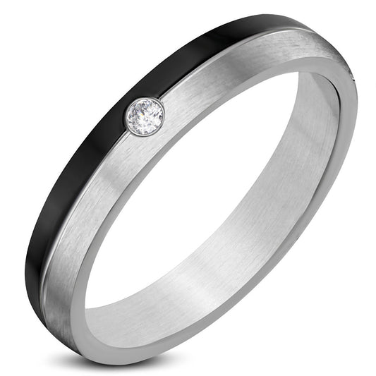 4mm | Stainless Steel 2-­tone Center Grooved Half­-Round  Wedding Band Ring w/ Clear CZ  ­