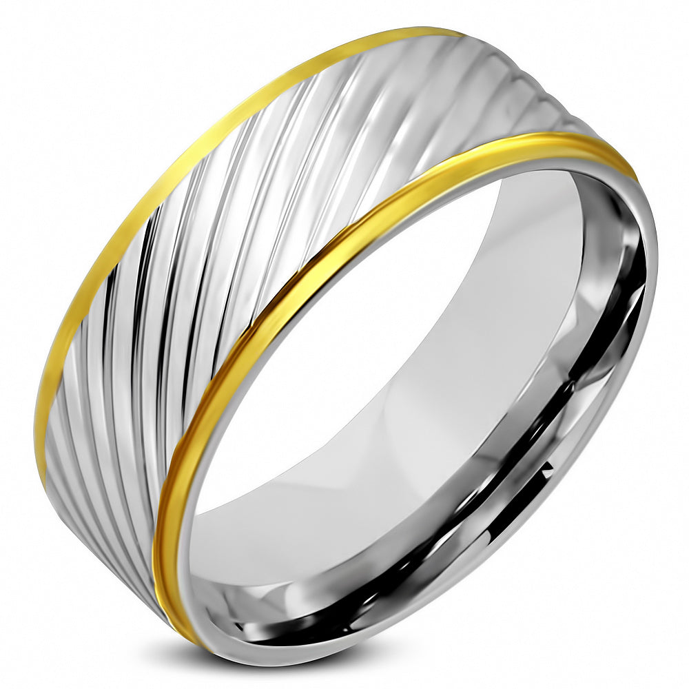 8mm | Stainless Steel 2-tone Diagonal Grooved Step Edge Comfort Fit Flat Band Ring