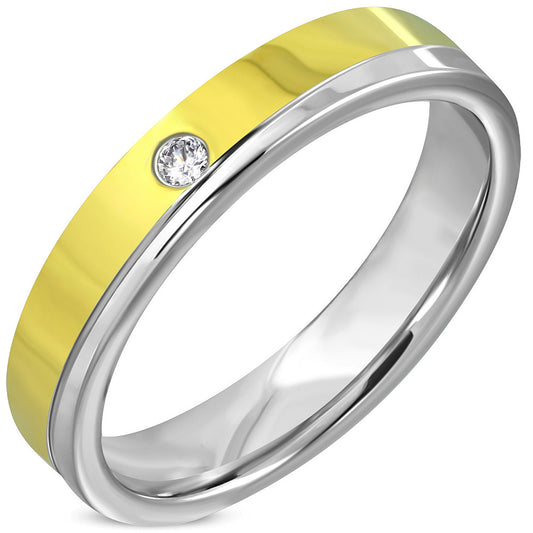 4.5mm | Stainless Steel 2-tone Comfort Fit Wedding Flat Band Ring w/ Clear