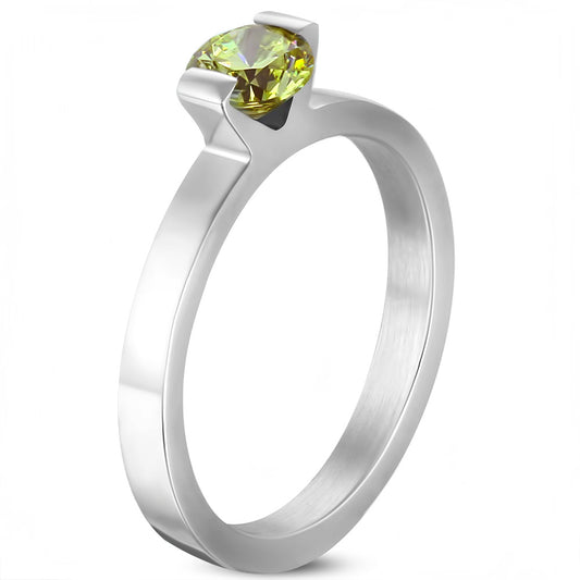 6mm | Stainless Steel Compression ­Set Round Solitaire Engagement Band Ring w/ August Birthstone Peridot CZ ­