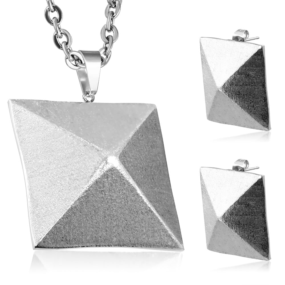 Stainless Steel Matte Finish Pyramid Charm Pendant & Pair of Stud Earrings (SET)