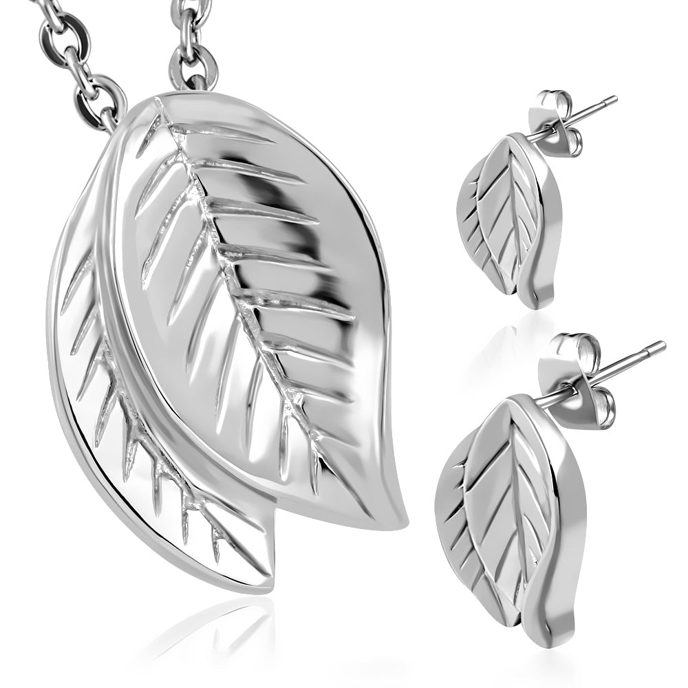 Stainless Steel Double Bodhi Leaf Charm Pendant & Pair of Stud Earrings (SET)