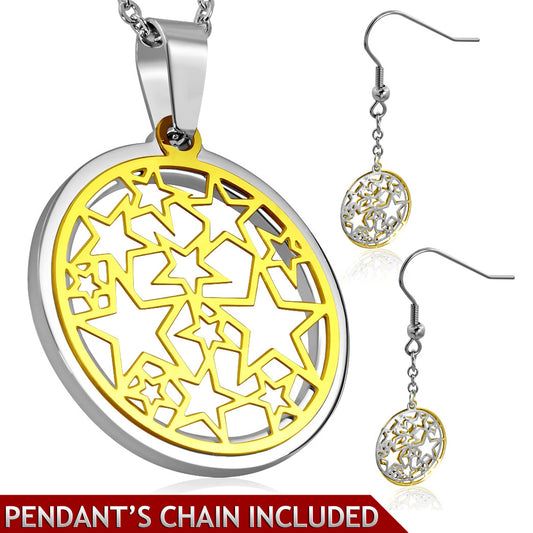 Stainless Steel 2-tone Cutout Star Journey Circle Charm Chain Necklace & Pair of Long Drop Hook Earrings (SET)