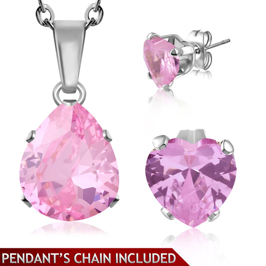 Stainless Steel Prong-Set Pear/ Teardrop Charm Chain Necklace & Pair of Love Heart Stud Earrings w/ Rose Pink CZ (SET)