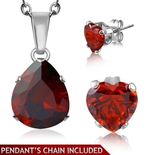 Stainless Steel Prong-Set Pear/ Teardrop Charm Chain Necklace & Pair of Love Heart Stud Earrings w/ Light Siam Red CZ (SET) | CRZT
