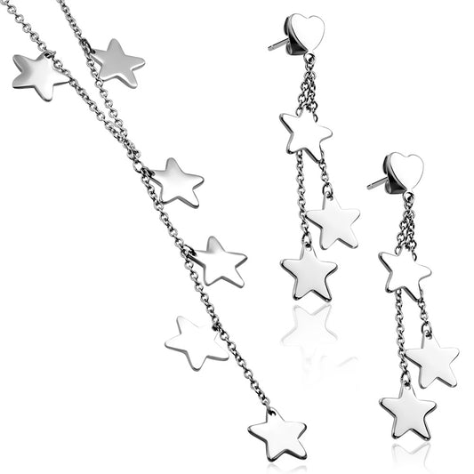 Stainless Steel Star Flower Charm Necklace & Pair of Slinky Love Heart Stud Earrings (SET)