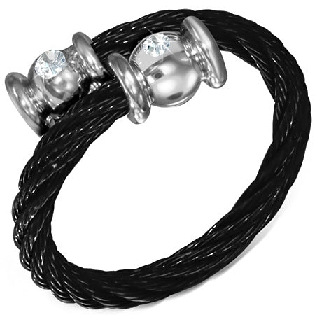 Black Stainless Steel 2-tone Celtic Twisted Cable Wire Torc  Cuff Ring w/ Alloy End Cap & Clear CZ 