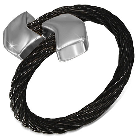 Black Stainless Steel 2­-tone Celtic Twisted Cable Wire Torc  Cuff Ring w/ Alloy End Cap ­
