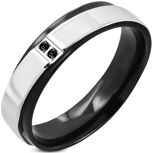 6mm | Stainless Steel 2-tone Pave-Set Comfort Fit Wedding Flat Band Ring w/ Jet Black CZ