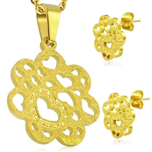Gold Color Plated Stainless Steel Sandblasted Open Love Heart Flower Charm Pendant & Pair of Stud Earrings (SET)
